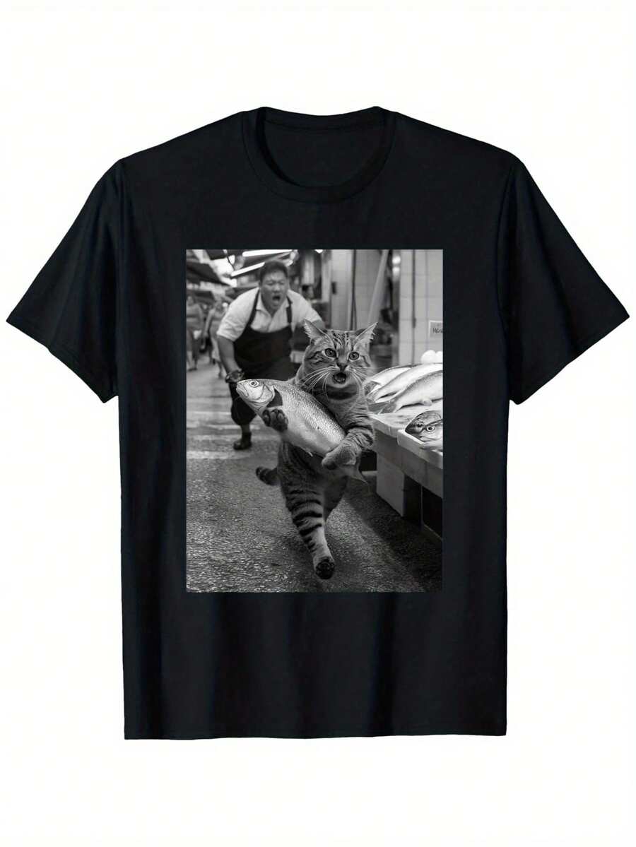 Camiseta extra grande para hombre 100% poliéster, estampado gráfico de estilo urbano minimalista - diseño de mercado de carne de gato en blanco y negro, camiseta de corte holgado casual con cuello redondo y mangas cortas. - Negro - Ver 1