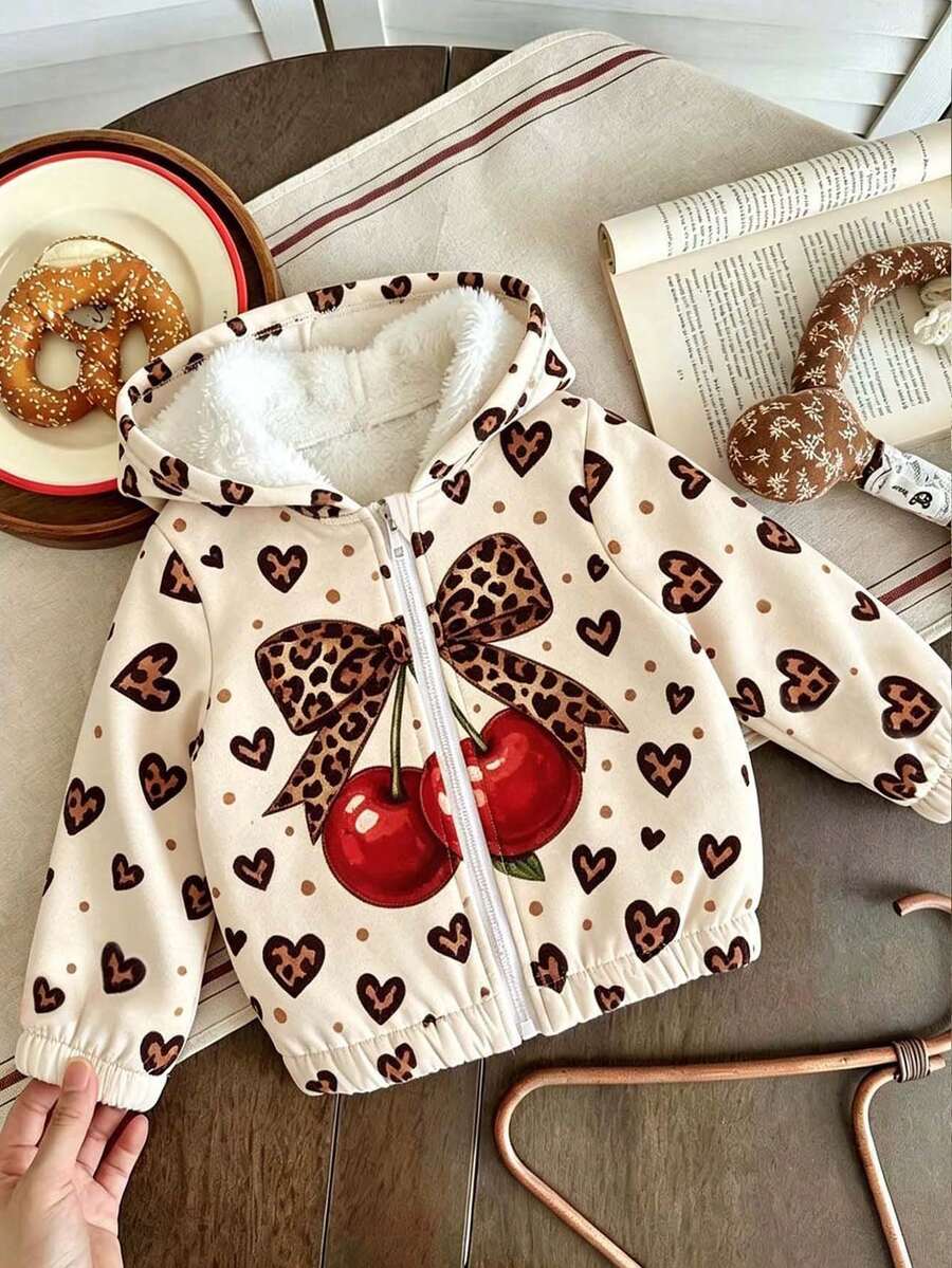 Young Girl Cherry Print Warm Hooded Jacket - Apricot - View 1