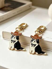 2pcs Cute Denim-Style Edge-Printed Cow Enamel Keychain. Cartoon Dog Bag Pendant. Suitable For Backpacks, Car Keys. Gift For Dog Lovers. - Multicolor - View 2