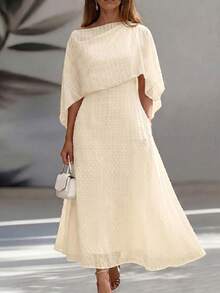 Fashionable Women's White Asymmetrical Neckline Pullover Design Flowy Long Dress, Suitable For Elegant Occasions - Apricot - View 1