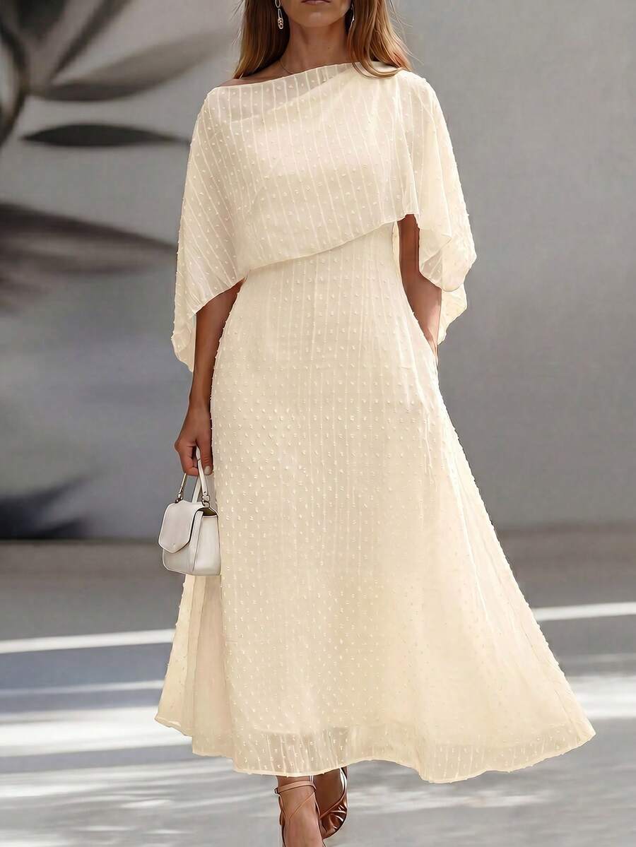 Fashionable Women's White Asymmetrical Neckline Pullover Design Flowy Long Dress, Suitable For Elegant Occasions - Apricot - View 1