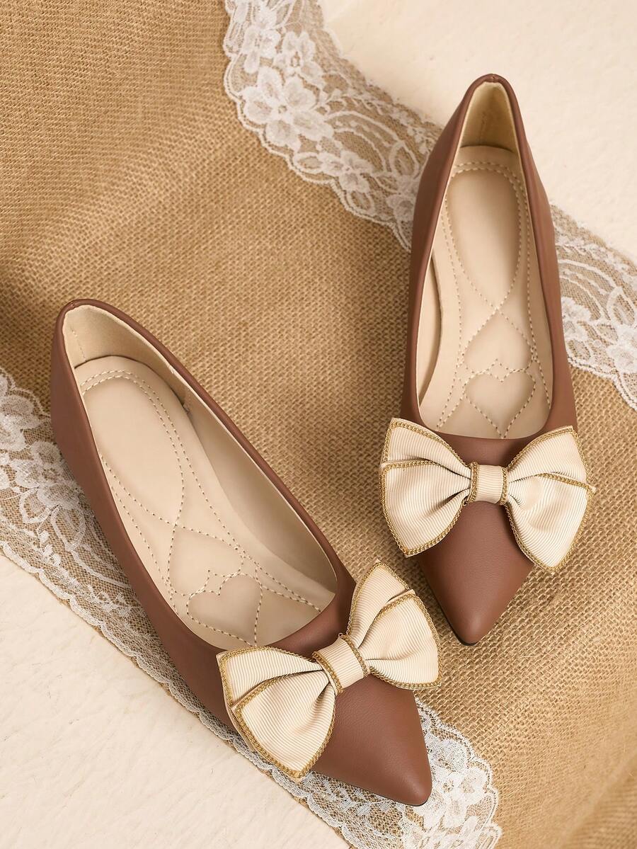 Pointed Toe Low Vamp Bow Flat Shoes, Delicate Satin Texture Soft And High-End, Versatile Shoes. - Dark Brown - View 1