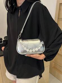 女款春夏新款韓系時尚小方包小眾Ins風極簡單肩包 - 銀色 - 查看 2