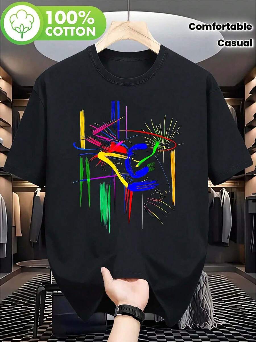 Casual Men's T-Shirt Decorated With Abstract Brush Strokes And Color Splash Patterns. - Black - View 1