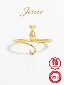 Jessie Jewelry 1 件创意、可爱、浪漫、优雅、自然风格的 925 银猫形动物图案开口戒指，适合男女的迷人礼物 - 金色 - 查看 1