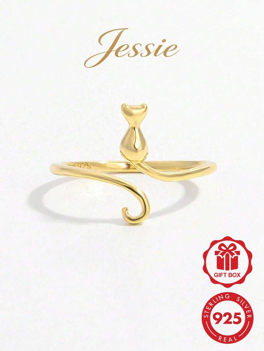 Jessie Jewelry 1 件创意、可爱、浪漫、优雅、自然风格的 925 银猫形动物图案开口戒指,适合男女的迷人礼物 - 金色 - 查看 1