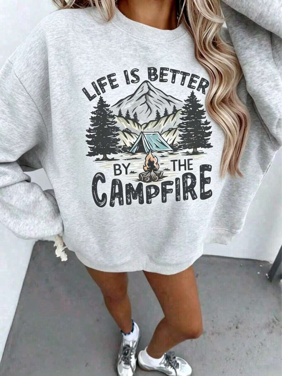 2026 New Arrival Bestseller Women's "Life Is Better By The Campfire" Graphic Sweatshirt, Casual Loose Pullover, Women's Graphic Tops Clothes. - 淺灰色3 - 查看 1