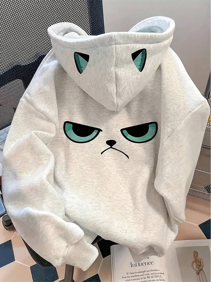 Plus Size Girls Fun Print Sweatshirt Sweatshirt - Loose Casual Pullover, Fun Print Pattern, Soft Beige Fabric, All-Season Comfort, Machine Washable Loose Top Suitable For Daily Wear - Grey - View 1