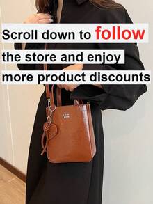 1pc Women Solid Color PU Leather Zipper Closure Handbag, Suitable For Dates And Gifts - Brown - View 2