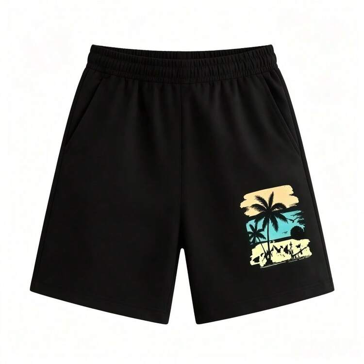 1pc 2026 Summer Women 2Pcs Set, Color Block Palm Tree Sunset Print Top & Elastic Waist Shorts With Pockets - Shorts - View 14
