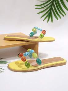Summer Bohemian Style Colorful Faux Gemstone Transparent One-Strap Flat Sandals For Women, Orange Outdoor Vacation Beach Slides, Beach Floral Home Beach - Yellow - View 3