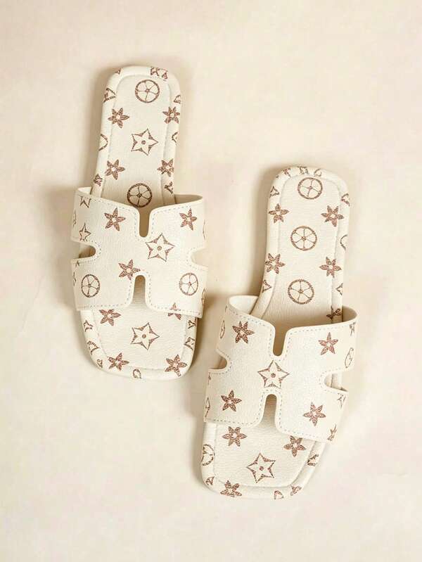 Louis Elegant Women's Shoes, New Summer Flat Sandals For Women, Cute Floral Print H-Shaped Design Beach Shoes, Square Toe Open Toe Breathable Summer Women's Slippers, Fashion Urban Vacation Style Flat Slippers, Elegant Women's Sandals, Suitable For Vacation, Summer Street, Beach, Desert, Office, Home And Other Various Scenes, Can Be Matched With Any Outfit Women's Beige Sandals
