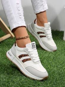Leopard Print Panel Lace-Up Sneakers, Brown & White Colorblock Casual Sport Shoes - White - View 2