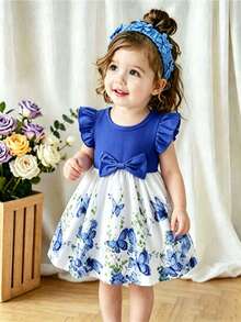 女婴夏季短袖印花拼接连衣裙，幼儿休闲蝴蝶结度假连衣裙 - 藍色 - 查看 2