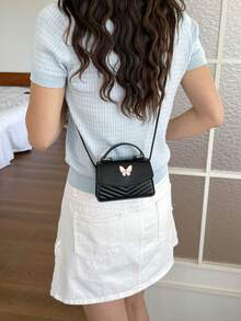 Mini V-Shaped Embossed Solid Color PU Ruffle Bow Flap Crossbody Bag For Women - Black - View 6