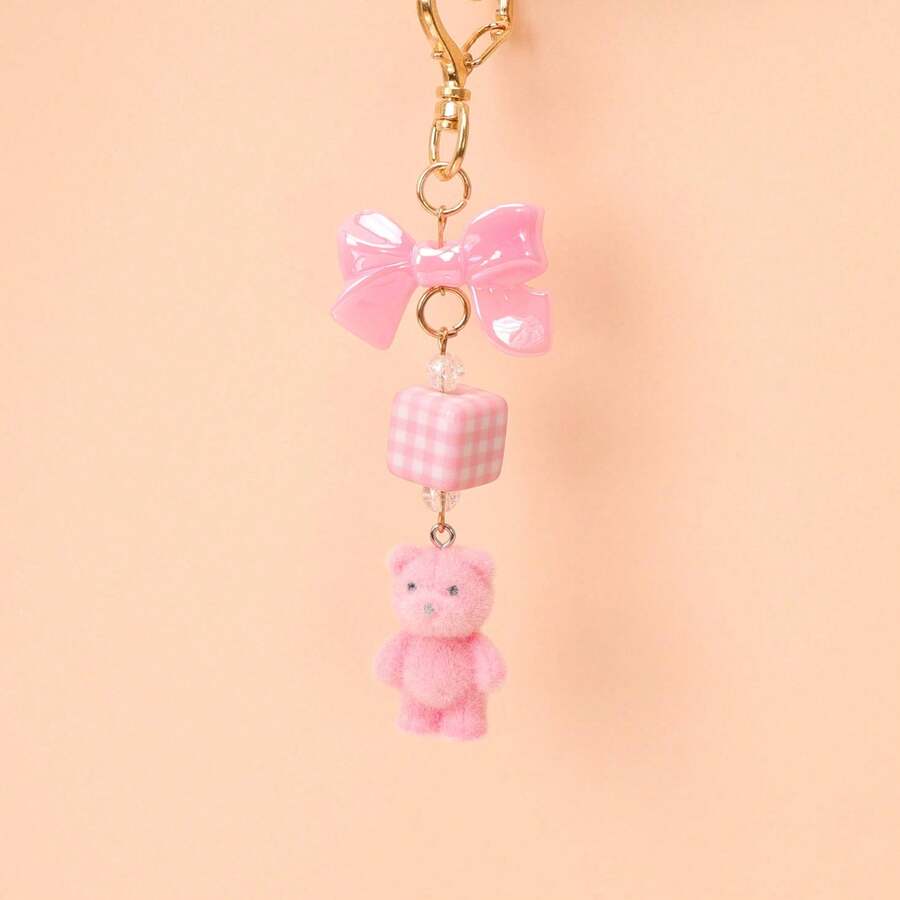 1pc Women's Flocked Cartoon Pink Bear Keychain Bow Plaid Square Pendant Accessory Cute Adorable Earphone Bag Key Charm - Pink - View 1