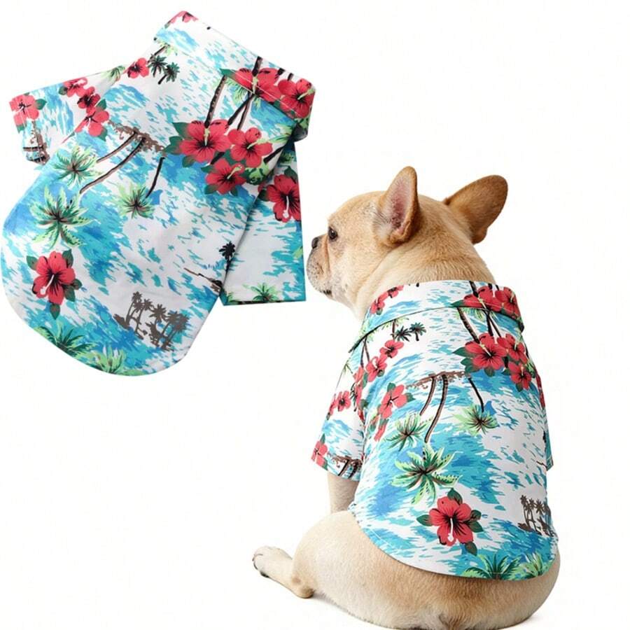 Multi-Color Hawaiian Floral And Leaf Pattern Pet Shirt, Lightweight And Breathable Summer Casual Vacation Style, Popular European And American Best-Selling Cat And Dog Apparel - Baby Blue - View 1