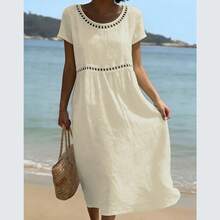 Vestido algodón lino liso cuello redondo manga corta ribete encaje, verano 2026 europeo mujer - Negro - Ver 4