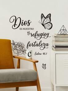 1pc Minimalist Sketch Floral Butterfly English Phrase Wall Decor Sticker, Removable Room Decoration Wall Decal For Bedroom, Living Room, Study - 1PC - View 4