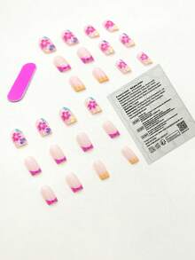 Get Glamorous With 24pcs Y2K Style Long Square Fluorescent Color Floral Pattern Fake Nail & 1pc Nail File & 1sheet Tape Press On Nails Nail Supplies - Multicolor - View 2