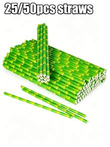 50/25pcs Green Bamboo Pattern Paper Straws - Bamboo Pattern Straws, Suitable For Cocktails, Birthday And Wedding Decorations, Tropical Hawaiian Style Parties; Creative Small Gifts, Summer Decorations And Party Supplies.(Brush Included) - Multicolor - View 5
