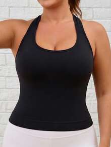 Plus Size Halter Seamless Tank Top, Backless Ribbed Crop Cami For Fall Workout, Gym & Daily Casual Wear - Black - View 6