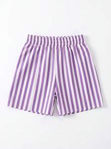 2pcs/Set Girls Vacation Style T-Shirt & Striped Shorts Set - Purple - View 4