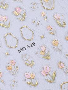 2pcs 5D Embossed Gold Foil Tulip Nail Stickers, Spring/Summer Floral Pattern Nail Art Decals, Pink Tulip Leaf Design Nail Decorations, Self-Adhesive Nail Accessories For Women & Girls - Multicolor - View 5
