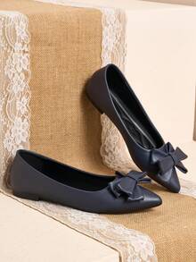 Pointed Toe Shallow Opening Bow Flat Shoes, Delicate Satin Texture, Soft And High-End Feel, Versatile Shoes. - Blue - View 5