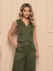 Elegant Tailored Vest And Trousers Set - Formal/Casual - 軍綠色 - 查看 5