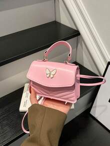 Mini Small Bag V-Shaped Embossed Solid Color PU Ruffled Edge Bow Handbag Flap Crossbody Women's Bag - Pink - View 8