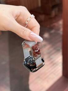 New High-Density Stainless Steel Milanese Metal Band, Compatible With Apple Series 11/10/9/8/7/6/5/4/3/2/1, SE, Ultra, Cute Magnetic Bear Decoration, 38mm/40mm/41mm/42mm/44mm/45mm/49mm, Waterproof, Breathable, Durable, Perfect Replacement Band Gift For Women, High Aesthetic Value, Practical, Watch Accessory - Silver - View 4