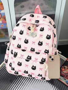 1pc Cute Cartoon Cat/Bow Pattern Nylon Backpack, Lightweight Large Capacity School Day Bag, Adjustable Shoulder Strap Bookbag, Suitable For Girls/Teenagers/Students/Graduates, Perfect For Daily Use, Outings, Travel, School And Back To School Season. - Pink - View 3