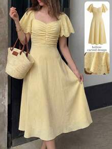 Vestido elegante y romántico de manga corta, cintura recogida y plisado en A, de longitud media, en color amarillo tejido, para primavera/ver - Amarillo - Ver 8