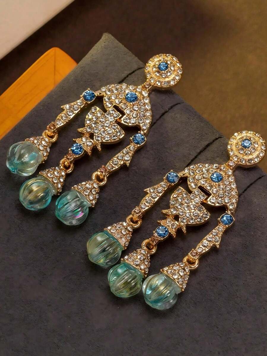 1對精緻優雅中世紀風格鑲鑽藍綠玻璃珠幾何對稱飾品,適合日常穿戴與聚會 - 金色 - 查看 1