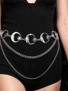 1pc Women's Street Punk Multi-Layer Moon Waist Chain, Suitable For Daily Matching With Dresses And Jeans - Silver - View 2