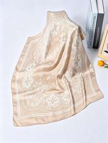 1pc 90cm Faux Silk Scarf, Women's Satin Printed Headband, Headscarf, Fashion Head Accessory, Shawl, Neck Scarf, Hairband, Dress Accessory, Suitable For Beach, Holiday, Travel Essential - Beige - View 4
