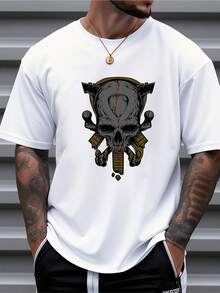 Men's Pure Cotton Oversized Short-Sleeve T-Shirt Skull Graphic Print Casual Streetwear Tee - White - View 6
