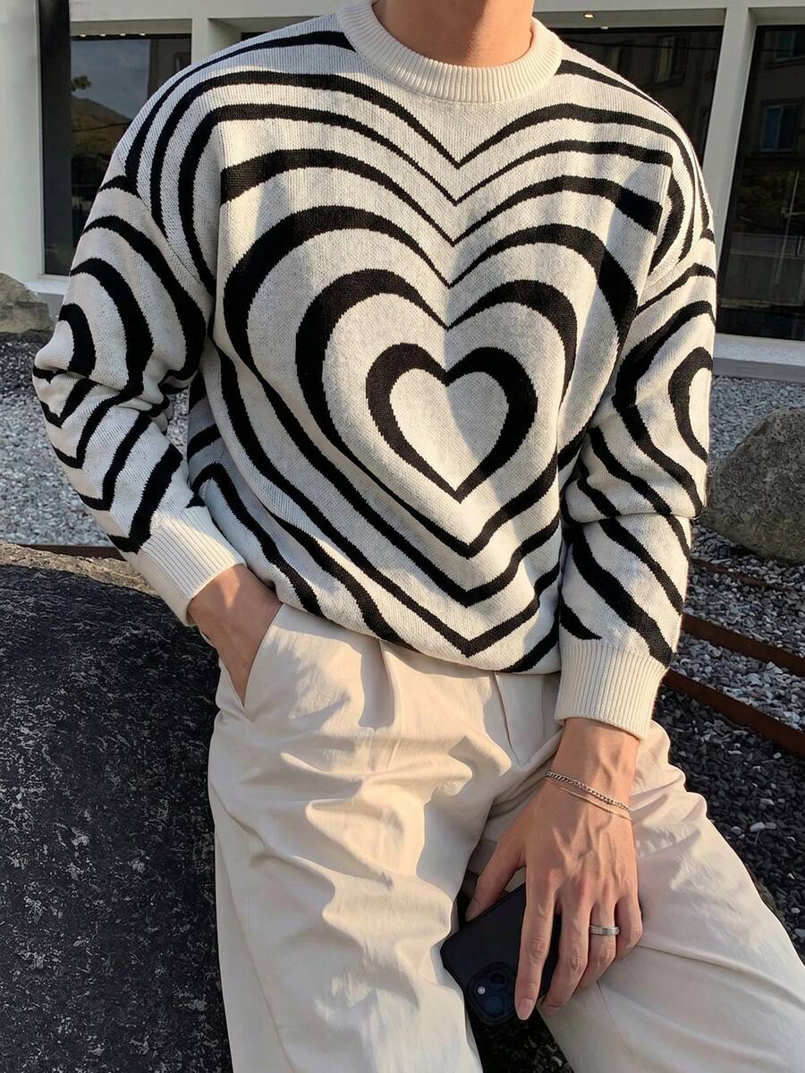 WAIT HIM Unisex Casual Heart Pattern Pullover Sweater, Suitable For Valentine's Day - White - View 1