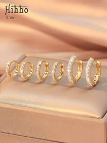 Hihho 6pcs Multi-Style Full Cubic Zirconia Gold Ear Cuff Set, Light Luxury Fashion Earrings With Teardrop, Rhinestone Chain, Geometric Patchwork Shapes, Minimalist Silhouette With Diamond Details, Combining Minimalist Sophistication And Sparkling Layered Texture, Versatile For Commuting, Daily, Workplace, And Light Social Occasions - Gold - View 11