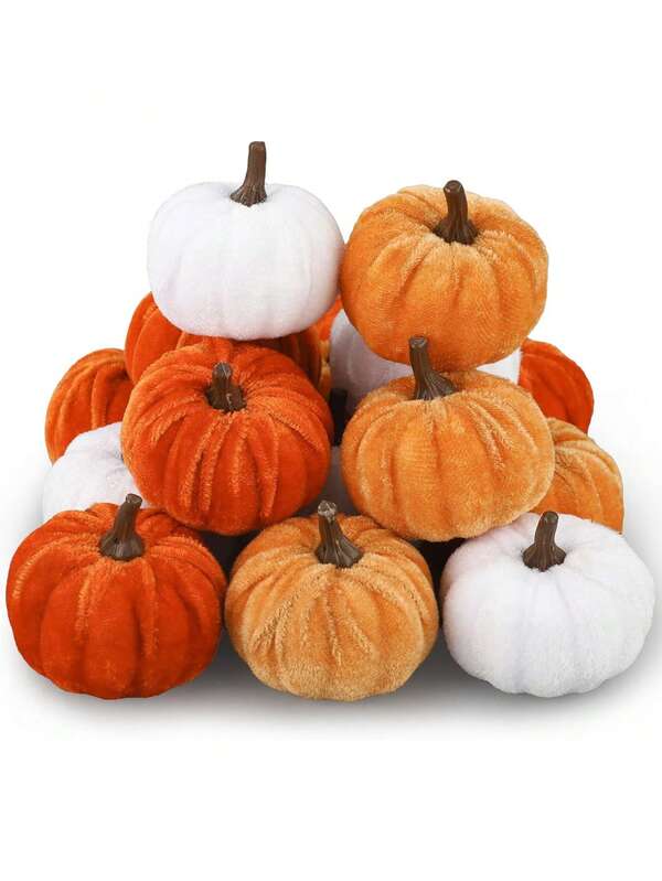 12er Set künstliche Samtkürbisse, Kürbisse aus Kunststoff & Schaumstoff, orange & gelbe künstliche Kürbisdekoration, Wohnzimmer-Szenendekoration, geeignet für Herbsternte, Thanksgiving, Halloween, Landhaus-Tischdekoration, Erntesaison-Tischdisplay
