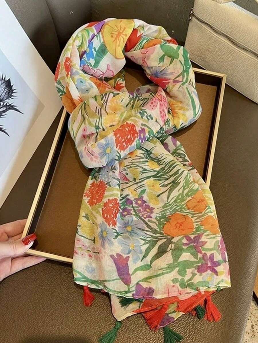 1件新款甜美愛心流蘇女款圍巾，薄款春夏防曬披肩，適合旅行、海灘與冷氣房使用 - 黃色 - 查看 1