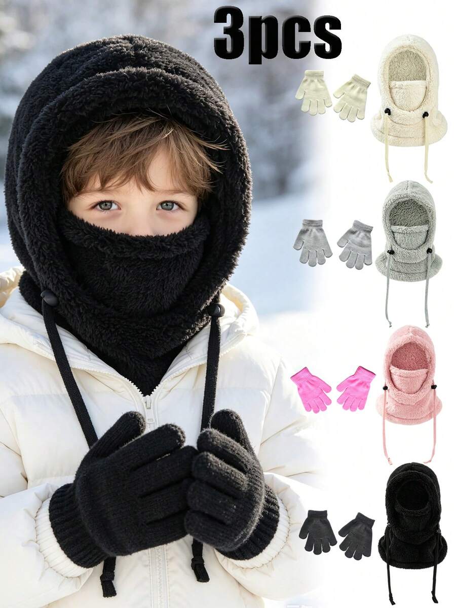 3pcs New Ear-Protective Neck Warmer & Hat & Gloves Set, Winter Thickened Skiing Cycling Face Mask, Pullover Hat, Knitted Hat & Knitted Gloves With Adjustable Drawstring, Suitable For Cold Winter