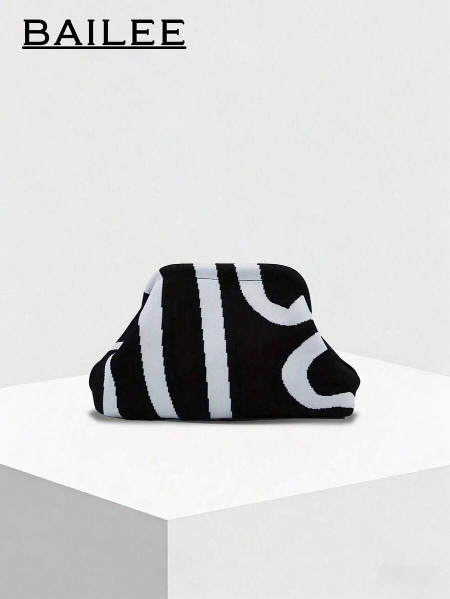 BAILEE Fashionable Retro Striped Colorblock Women's Clutch Bag, Zipper Closure, Suitable For Matching With Various Outfits, Perfect Gift Choice - Black and White - View 1