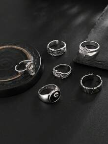 Set 6 buah cincin bergaya street punk modis dengan motif bintang dan geometris untuk pria, cocok untuk pemakaian kasual sehari-hari. - Antique Silver - View 4
