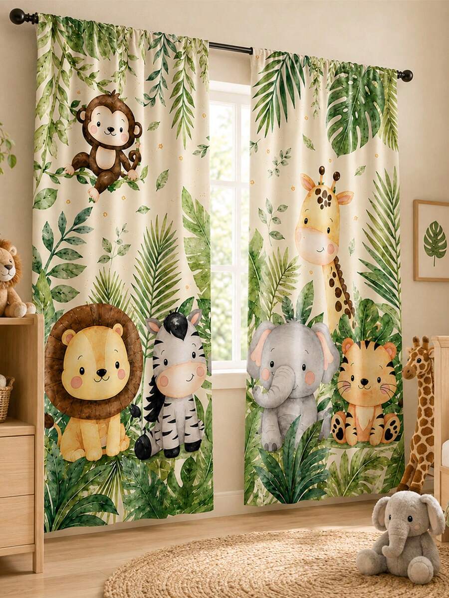 2 buah Tirai Motif Hewan Hutan Utama, Elemen Singa, Gajah, Harimau, Jerapah, Zebra, Model Kantong Batang, Cocok untuk Dekorasi Kamar Tidur dan Ruang Tamu, Tirai Dekoratif.