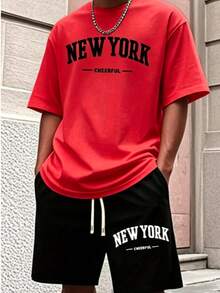 Men'S New York Casual Short Sleeve Black With White Lettering Casual Style| Comfortable Fit, PLUS SIZE  Men's Casual Outfit, Cotton Sportswear Set - 紅色 - 查看 11