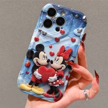 Disney Mickey & Minnie Mouse Couple Phone Case, Plush Style With Heart & Love Print, Shockproof Protective Cover, Compatible With IPhone 17/16/15/14/13/12/11 Pro, Perfect Gift For Valentine & Anniversary - 白色 - 查看 5