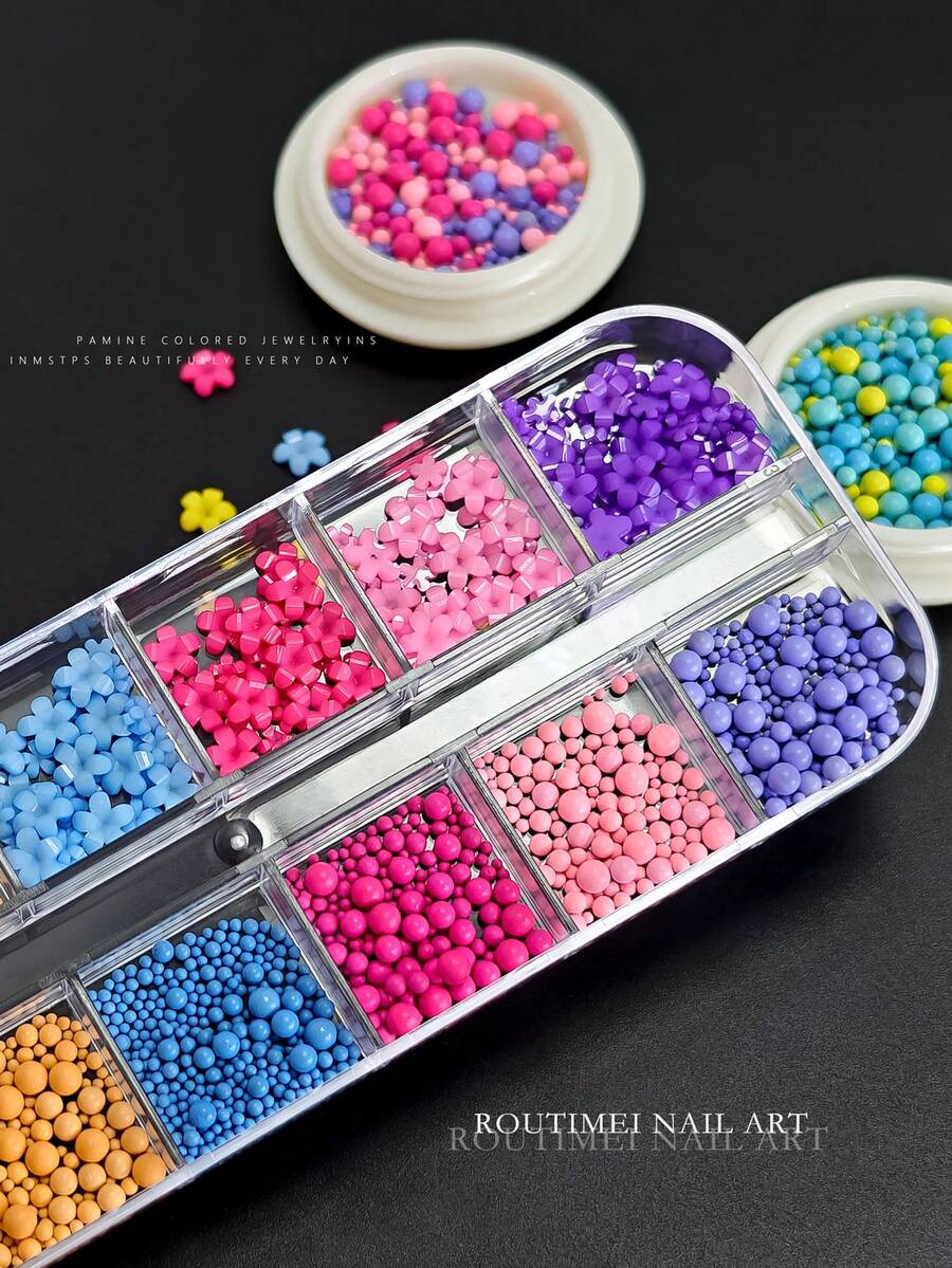 12 Grids Cute Candy Color Nail Charms Set (Flower & Round Bead), 3D Resin Nail Art Decorations, Sweet Colorful Nail Ornaments For DIY Manicure & Craft Decor - Multicolor - View 1