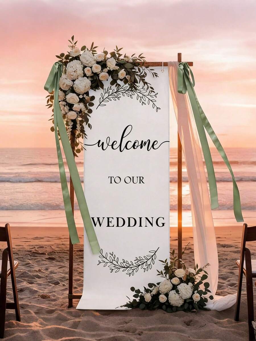 Welcome To Our Wedding Linen Banner, Minimalist Wedding Decor. Comes With Ribbon And Clips, Suitable For Bridal Shower, Wedding Ceremony, Reception Backdrop, Arch, Lawn, And Indoor/Outdoor Venues. - A. - View 1